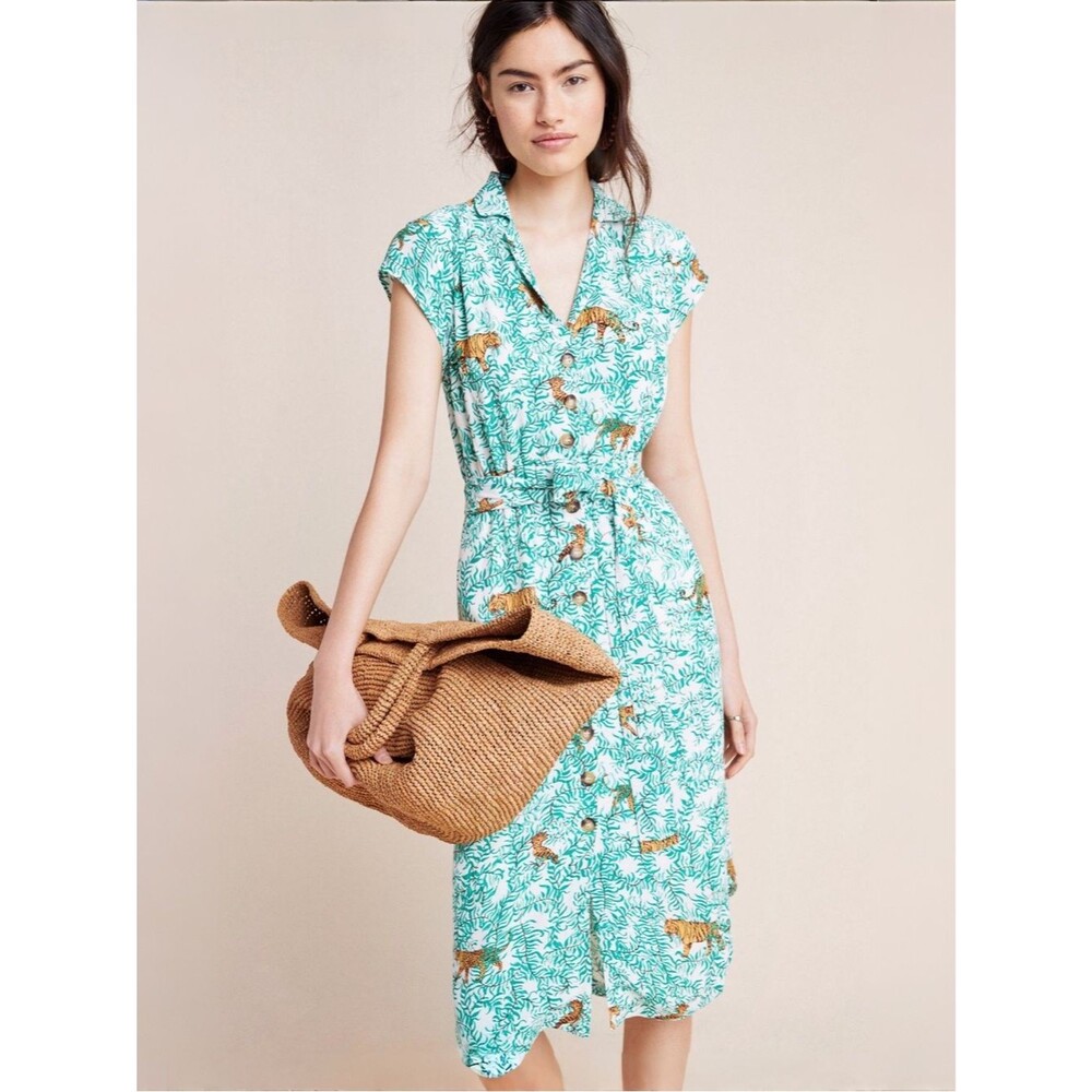Anthropologie Maeve Catherine Jungle Print Shirt Dress | White / Green Multi | 0